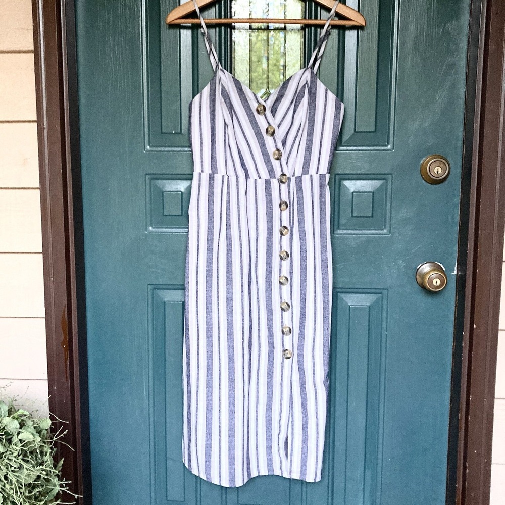 Sky Sparrow Linen Coastal Nautical Asymmetric Button Up Sheath Dress Womens M S